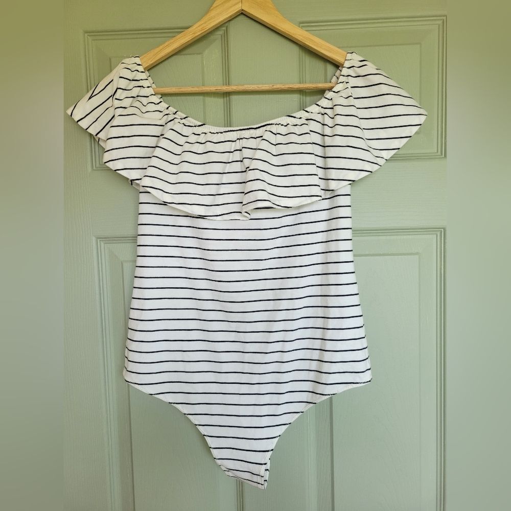J. Crew White with Black Stripe Off-Shoulder Ruffle Bodysuit M